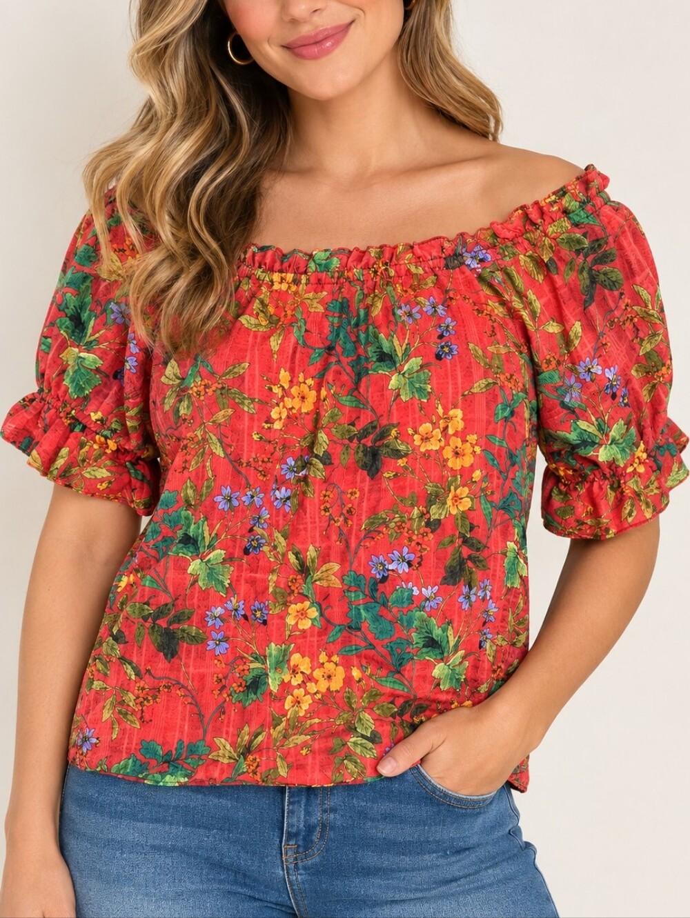 Chenault Blouse Medium Womens Tropical Red Floral Puff Sleeve Ruffle Collar Boho